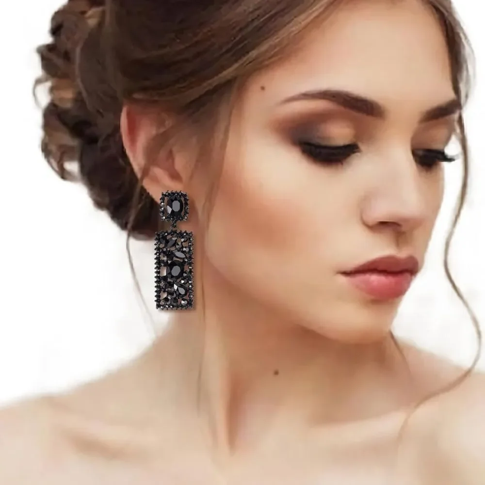 Carbon Black with Ruby Red Crystal Rectangle Geometric Chandelier Post Earrings